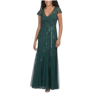 ADRIANNA PAPELL Short Sleeve Beaded Gown
